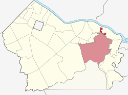 Map of Makati with Post Proper Northside highlighted. Areas in light red indicate overlapping with Fort Bonifacio, Taguig.