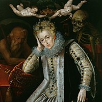 Elizabeth I, painted around 1610, during the first revival of interest in her reign. Time sleeps on her right and Death looks over her left shoulder; two putti hold the crown above her head.[256]