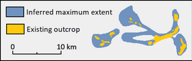 Diagram showing the locations of rock outcrops and the inferred maximum extent of a geological formation.