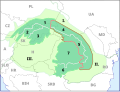 Eastern Carpathians, bordered in red and marked with 4 and 5