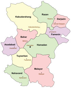 Location of Dargazin County in Hamadan province (top, pink)