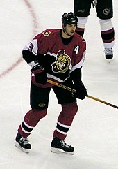 tall man in hockey outfit playing hockey on ice