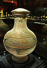 A painted pottery pot coloured with Han blue from the Han dynasty in China (206 BC to AD 220).