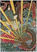 Emperor Antoku's grandmother rescuing him from a dragon, by Yoshitsuya Ichieisai