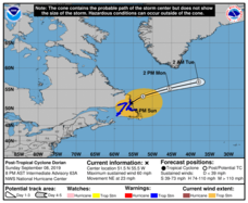 NOAA 5-day track and intensity forecast cone for Hurricane Dorian. See the file history.