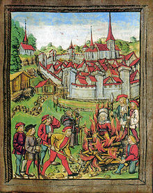 Scene from a 1513 illustrated chronicle depicting a woman being burned to death.