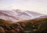 The Giant Mountains (1830–1835). 72 × 102 cm. Alte Nationalgalerie, Berlin. Friedrich sought to explore the blissful enjoyment of a landscape as a reunion with the spiritual self through the contemplation of nature.[96]