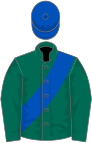 DARK GREEN, royal blue sash and cap