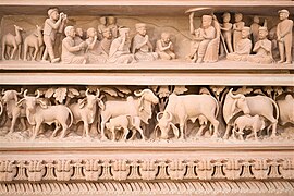 Sculpture depicting the moment Pramukh Swami Maharaj prayed for a mandir in Abu Dhabi in 1997