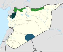 Areas under control of various opposition groups prior to November 2024:      Syrian Salvation Government (Tahrir al-Sham)      Interim Government (National Army)      al-Tanf (Revolutionary Commando Army)