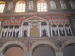 A mosaic found in the nave of the 6th-century Basilica of Sant'Apollinare Nuovo in Ravenna, Italy depicts a loggia.