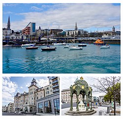 Clockwise from top: Dún Laoghaire harbour; the Queen Victoria Memorial Fountain; Royal Marine Hotel