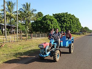 Lao family on a 'Chinese water buffalo' in Champasak province