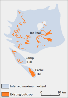 Diagram showing the locations of rock outcrops and the inferred maximum extent of a geological formation.