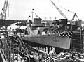 USS Fiske on 14 March 1943 ready for launching at the Consolidated Steel Corporation Shipyard in Orange, Texas.