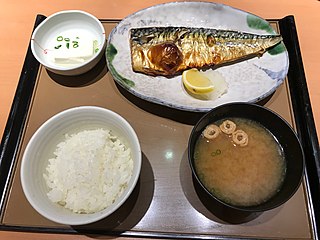 Japanese teishoku meal with grilled mackerel and miso soup