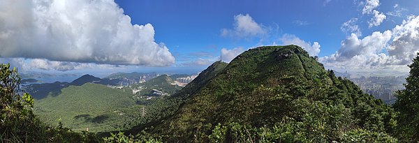 Cheung Shan (Elephant Mountain) viewed from the north. Behind it is Fei Ngo Shan, the highest peak in Kowloon.