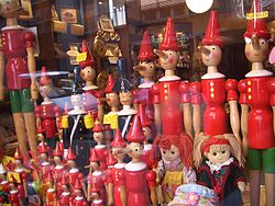 Pinocchio puppets in a shop window in Florence, Italy