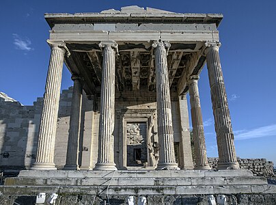 Ancient Greek Ionic columns of the Erechtheion, Athens, Greece, with parallel volutes, unknown architect, 421-405 BC[19]