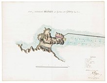 Hand drawn map of the batteries at Lilla Billingen by the sailing route next to Gothenburg's Skeppshamn in Sweden, from 1811, drawn by A. P. Boman, Lieutenant.