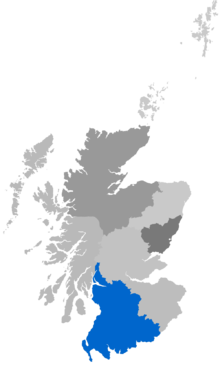 Map showing Glasgow Diocese as a coloured area around south-west Scotland