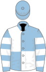 Light blue and white (quartered), hooped sleeves, light blue cap