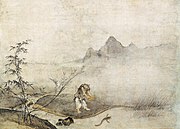 Josetsu (A Chinese immigrant, "Father of Japanese ink wash painting"), Catching catfish with a gourd (瓢鮎図, ink on paper, 111.5 cm × 75.8 cm (43.9 in × 29.8 in), 1415, Japan.