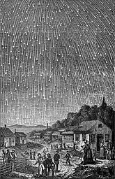 A sky full of shooting stars over a village