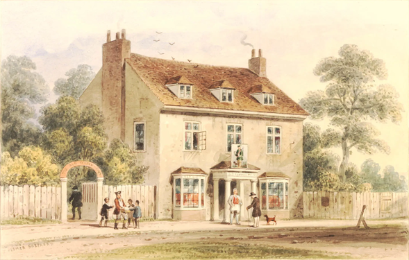 The Farthing Pie House in 1780, painted in watercolour by Thomas H. Shepherd around 1850 from an old drawing[13]