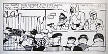 A comics panel. An armed group on a platform to the upper right point their pistols at a larger group that fills the lower portion of the panel. A male in the centre of the armed group says in a speech balloon: "All those who oppose this list raise their hands! Now, who says 'No' to this list?" A boy and a dog can be seen peering over a fence in the background to the far left. A question mark hovers over the boy's head.