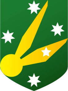 A golden snitch on a background of a green shield with four white seven-pointed and one smaller white five-pointed star arranged in the shape of the Southern Cross