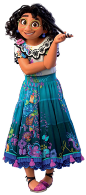 Mirabel wearing a mostly-white blouse and a bluish skirt while smiling awkwardly with a piece of her black hair around her finger