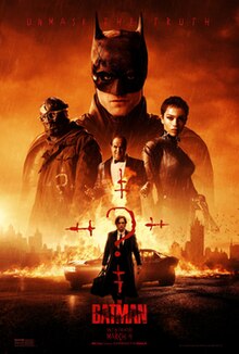 Bruce Wayne is walking in the bottom center with the Batmobile, some flames, and a cityscape behind him, and a giant red question mark in front. The Batman is in the top center, with the Penguin in the middle, the Riddler to the left, and Catwoman to the right. The tagline "Unmask the Truth" is displayed above Batman's cowl, while the film's logo "The Batman" with the Bat symbol emblem and release date are inscribed at the bottom.